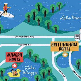 A simplified, stylized map showing the local area. The map is cut off to show the locations of Wingra Boats and Brittingham Boats.